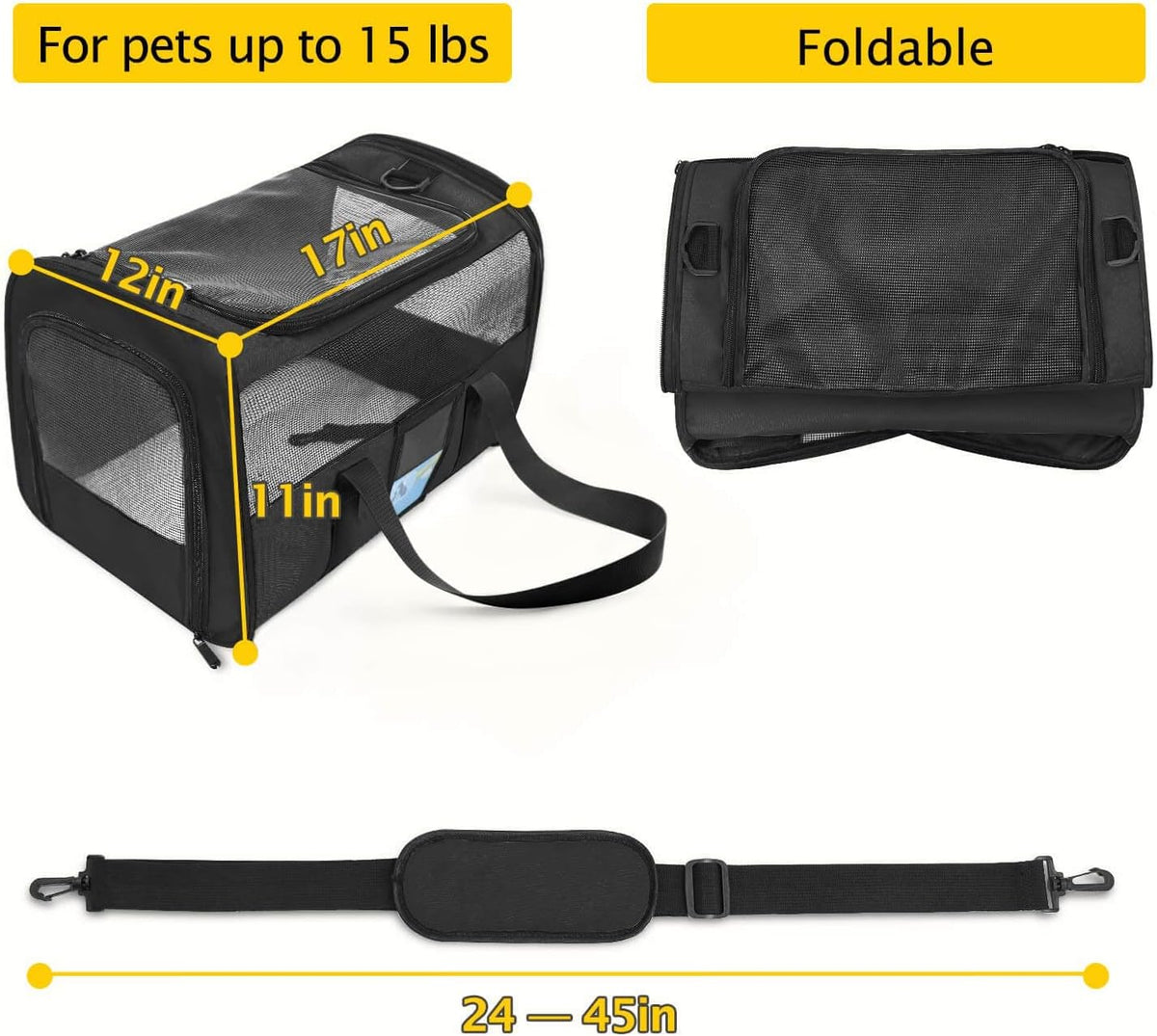 Airline-Approved Pet Carrier for Medium and Small Cats and Dogs, TSA Compliant Soft Carrier for Pets up to 15 lbs, Black
